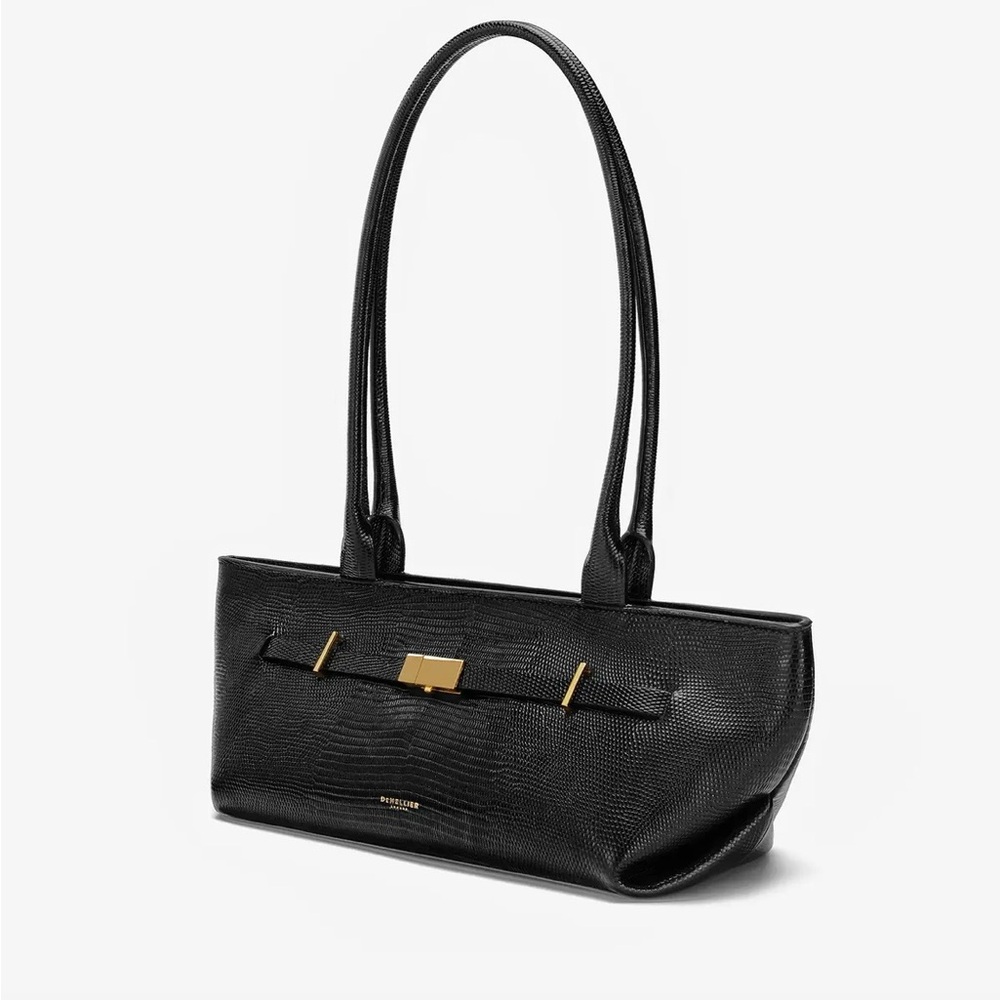 NWOT DeMellier Black Lizard-Effect Handbag Purse with Gold Accents